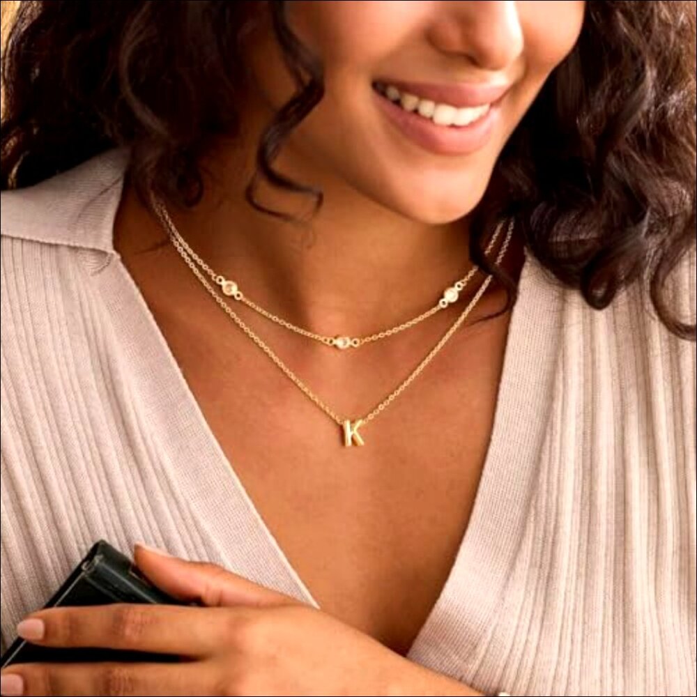 14K Gold-Plated Dainty Layered Initial Necklace with Cubic Zirconia - Picture 3 of 7